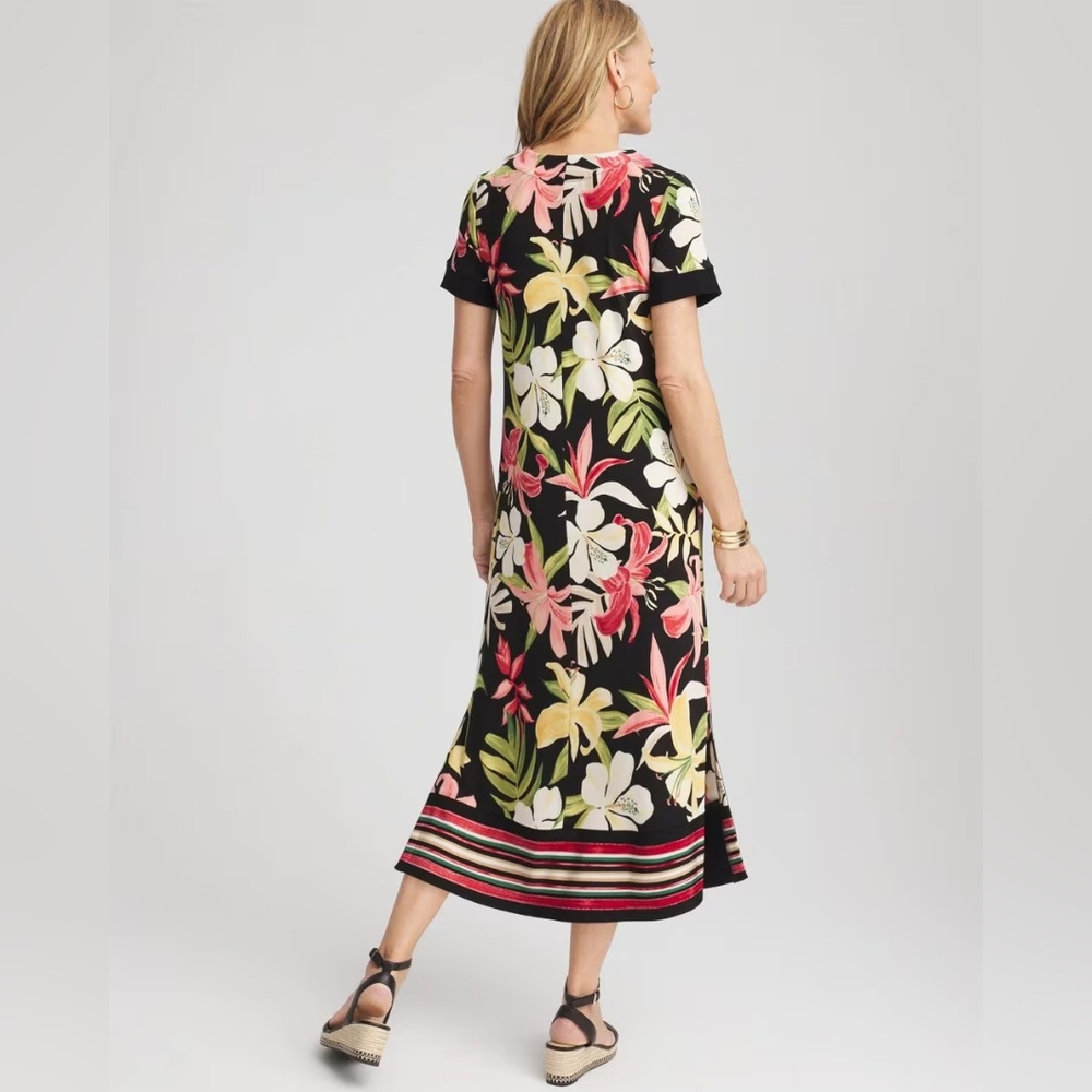 Chico's Black Midi Dress with Pink, Cream and Yellow Floral Print - Picture 3 of 9